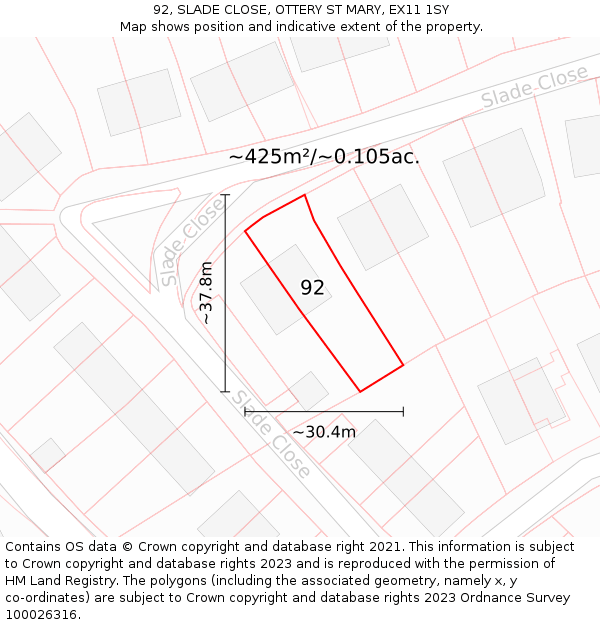 92, SLADE CLOSE, OTTERY ST MARY, EX11 1SY: Plot and title map