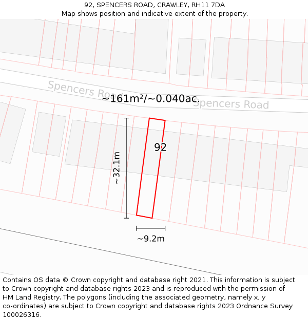 92, SPENCERS ROAD, CRAWLEY, RH11 7DA: Plot and title map