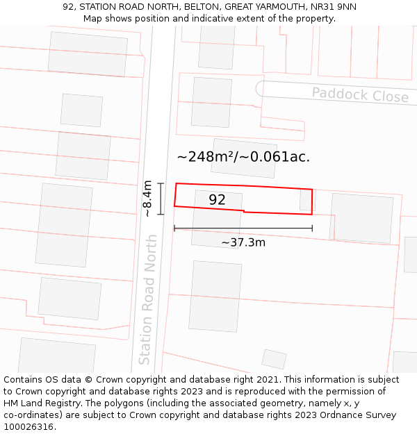 92, STATION ROAD NORTH, BELTON, GREAT YARMOUTH, NR31 9NN: Plot and title map