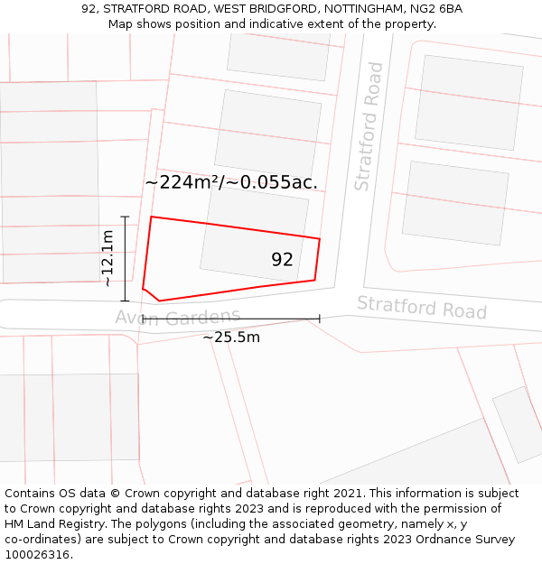 92, STRATFORD ROAD, WEST BRIDGFORD, NOTTINGHAM, NG2 6BA: Plot and title map