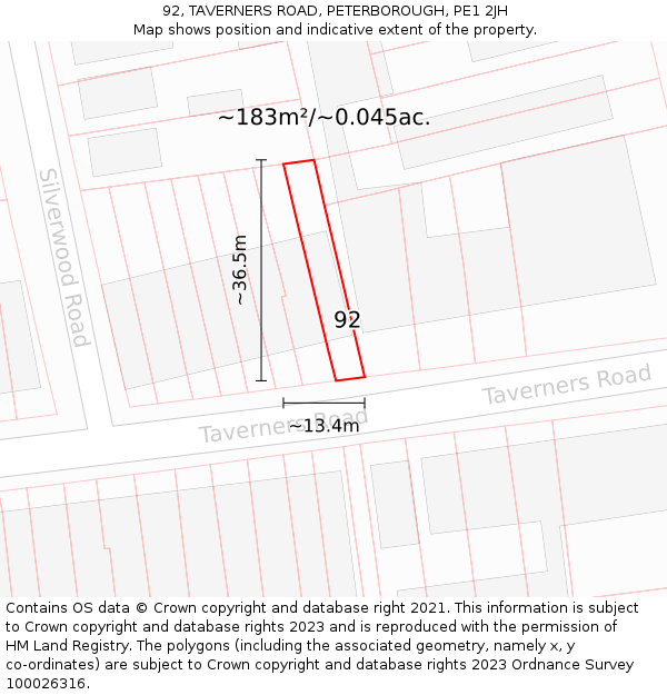 92, TAVERNERS ROAD, PETERBOROUGH, PE1 2JH: Plot and title map