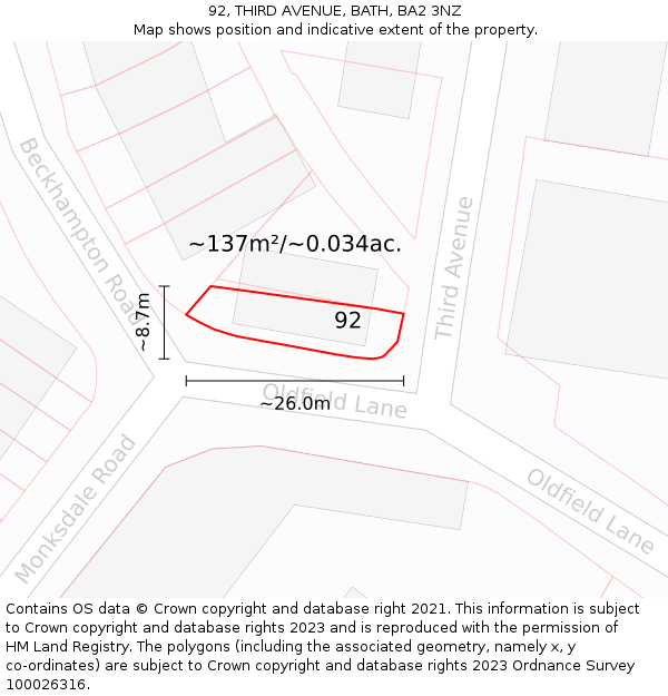 92, THIRD AVENUE, BATH, BA2 3NZ: Plot and title map