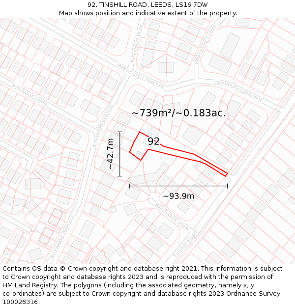 92, TINSHILL ROAD, LEEDS, LS16 7DW: Plot and title map