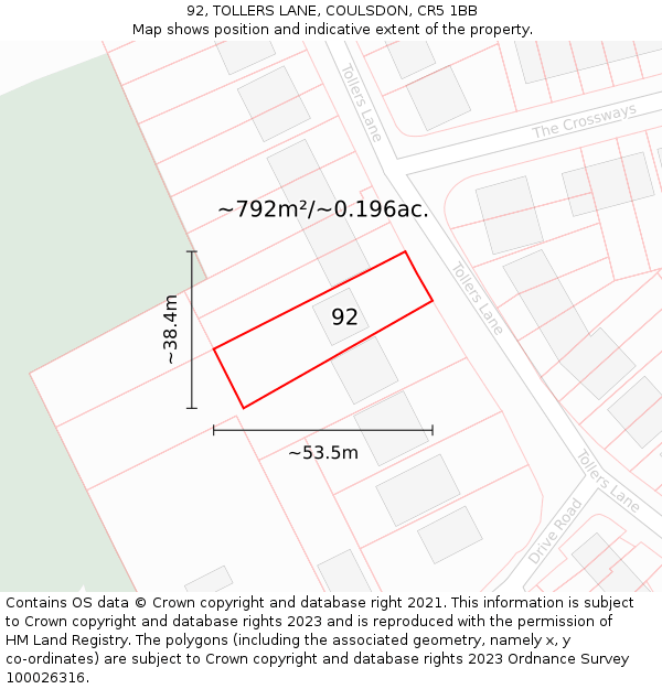 92, TOLLERS LANE, COULSDON, CR5 1BB: Plot and title map