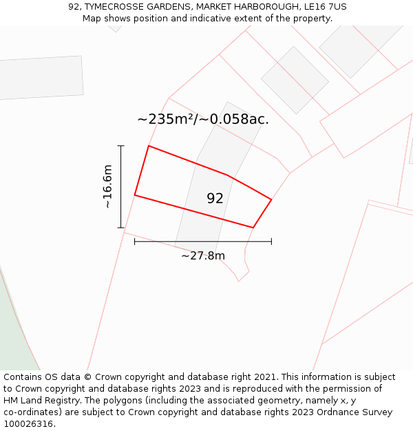 92, TYMECROSSE GARDENS, MARKET HARBOROUGH, LE16 7US: Plot and title map