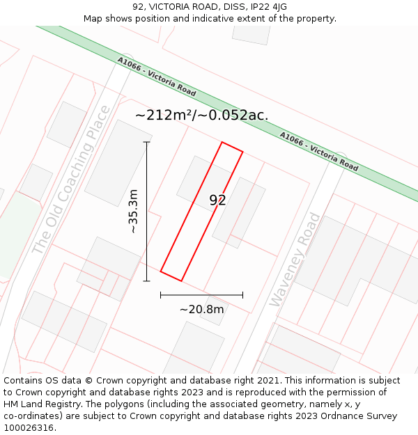 92, VICTORIA ROAD, DISS, IP22 4JG: Plot and title map