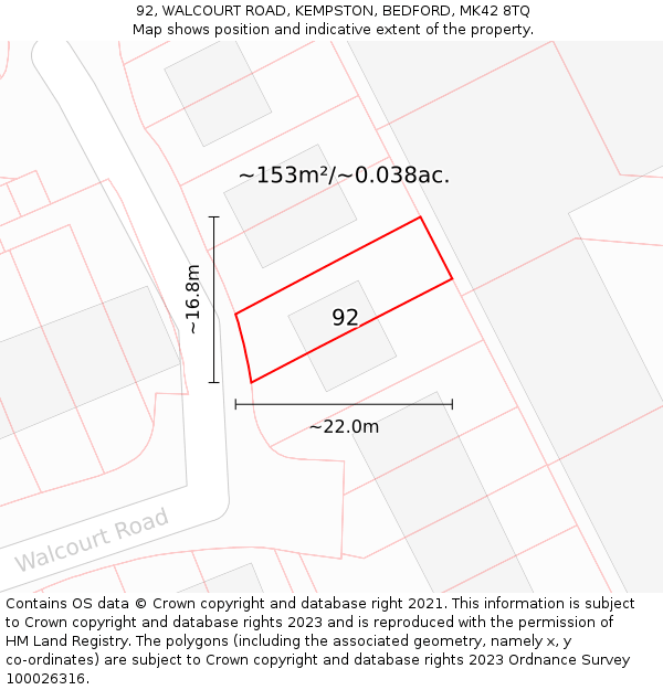 92, WALCOURT ROAD, KEMPSTON, BEDFORD, MK42 8TQ: Plot and title map