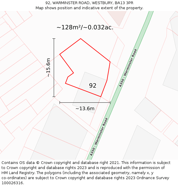 92, WARMINSTER ROAD, WESTBURY, BA13 3PR: Plot and title map