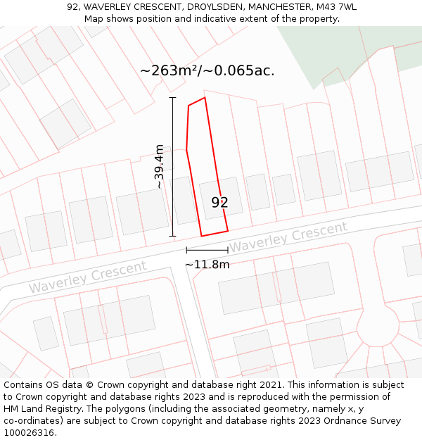 92, WAVERLEY CRESCENT, DROYLSDEN, MANCHESTER, M43 7WL: Plot and title map