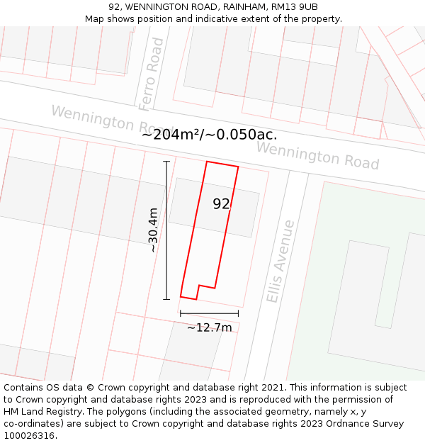 92, WENNINGTON ROAD, RAINHAM, RM13 9UB: Plot and title map
