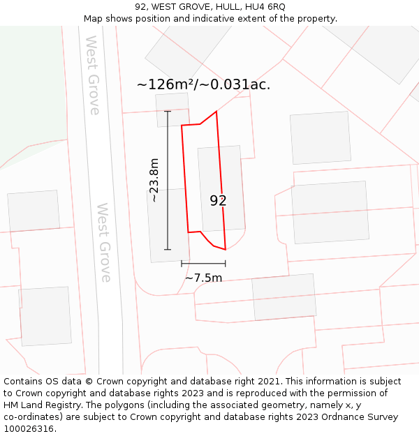 92, WEST GROVE, HULL, HU4 6RQ: Plot and title map