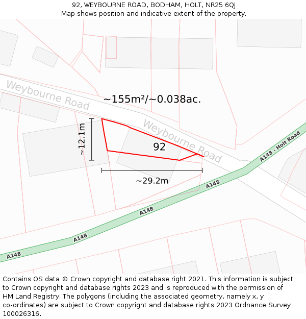 92, WEYBOURNE ROAD, BODHAM, HOLT, NR25 6QJ: Plot and title map