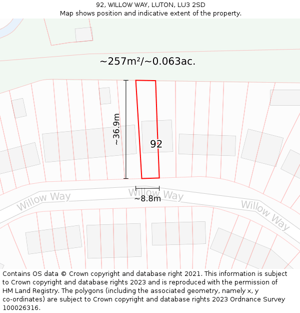 92, WILLOW WAY, LUTON, LU3 2SD: Plot and title map