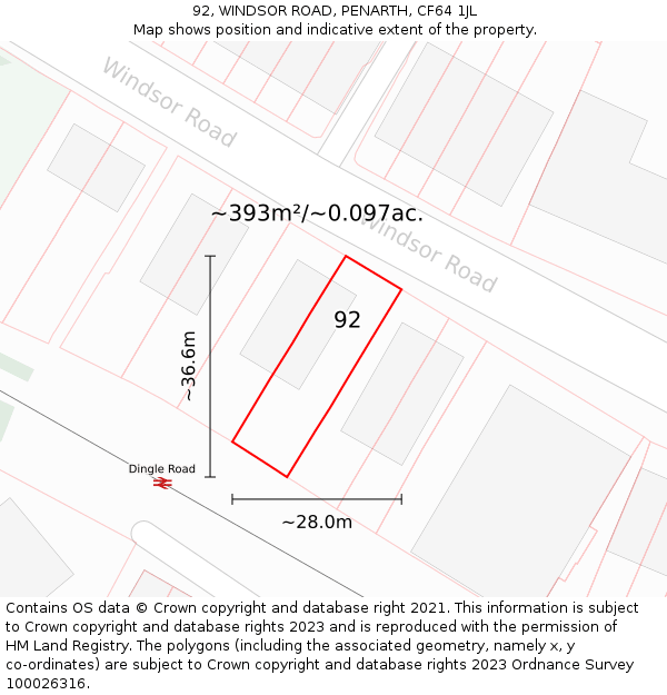 92, WINDSOR ROAD, PENARTH, CF64 1JL: Plot and title map