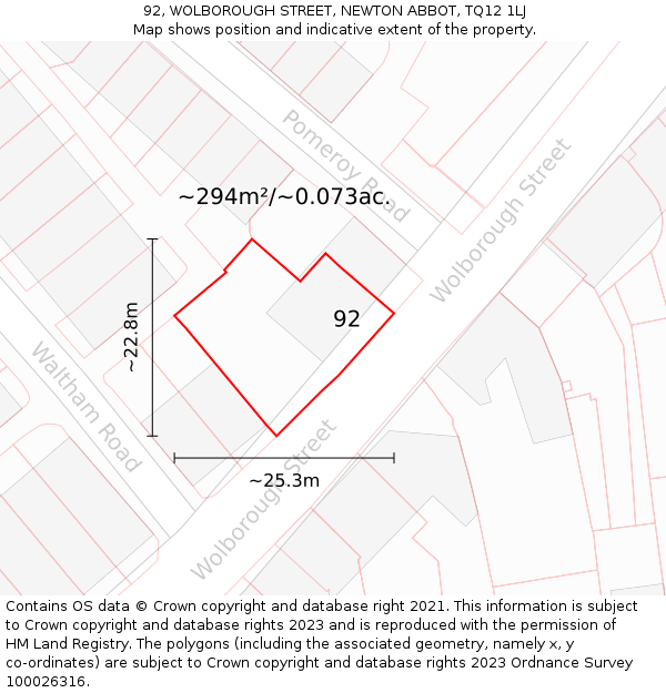 92, WOLBOROUGH STREET, NEWTON ABBOT, TQ12 1LJ: Plot and title map