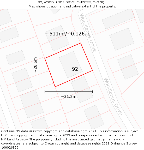 92, WOODLANDS DRIVE, CHESTER, CH2 3QL: Plot and title map