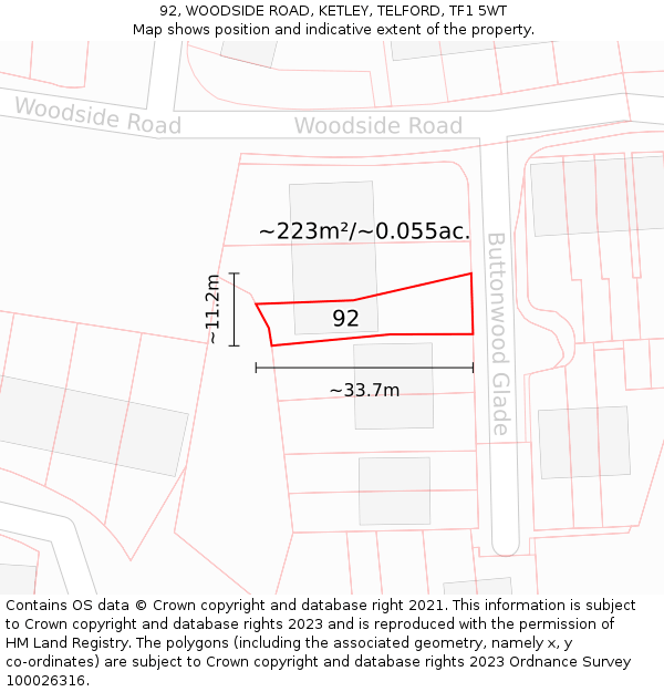 92, WOODSIDE ROAD, KETLEY, TELFORD, TF1 5WT: Plot and title map