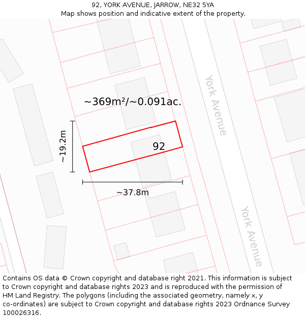 92, YORK AVENUE, JARROW, NE32 5YA: Plot and title map