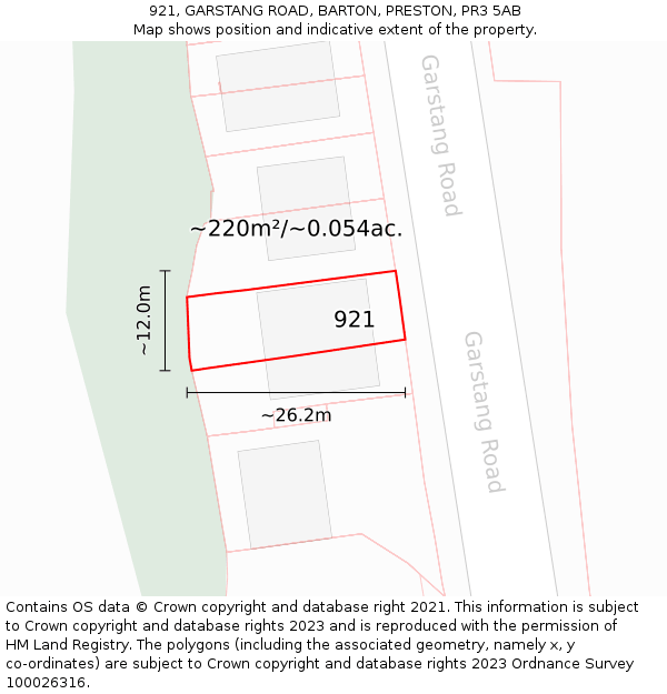 921, GARSTANG ROAD, BARTON, PRESTON, PR3 5AB: Plot and title map