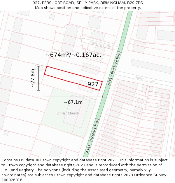 927, PERSHORE ROAD, SELLY PARK, BIRMINGHAM, B29 7PS: Plot and title map