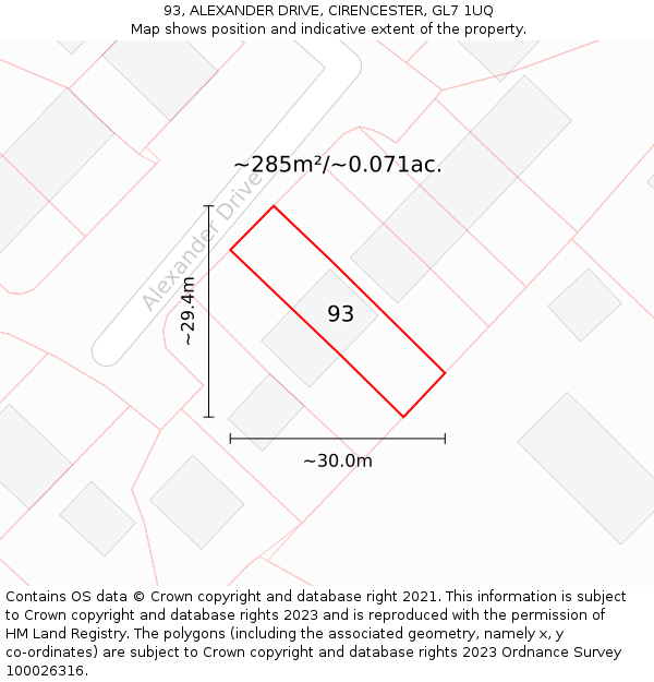 93, ALEXANDER DRIVE, CIRENCESTER, GL7 1UQ: Plot and title map