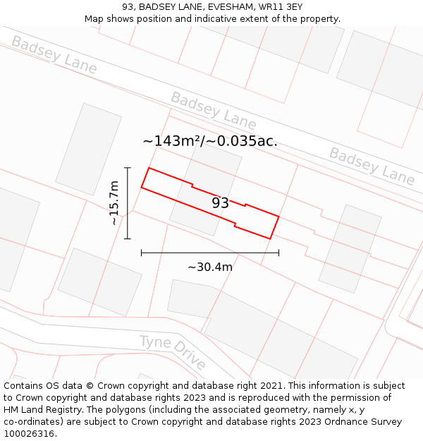 93, BADSEY LANE, EVESHAM, WR11 3EY: Plot and title map