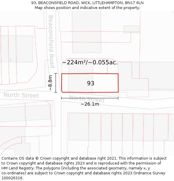 93, BEACONSFIELD ROAD, WICK, LITTLEHAMPTON, BN17 6LN: Plot and title map