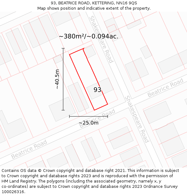 93, BEATRICE ROAD, KETTERING, NN16 9QS: Plot and title map