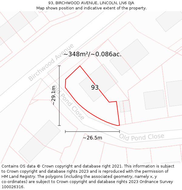 93, BIRCHWOOD AVENUE, LINCOLN, LN6 0JA: Plot and title map