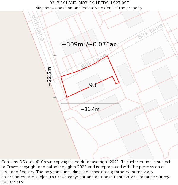 93, BIRK LANE, MORLEY, LEEDS, LS27 0ST: Plot and title map