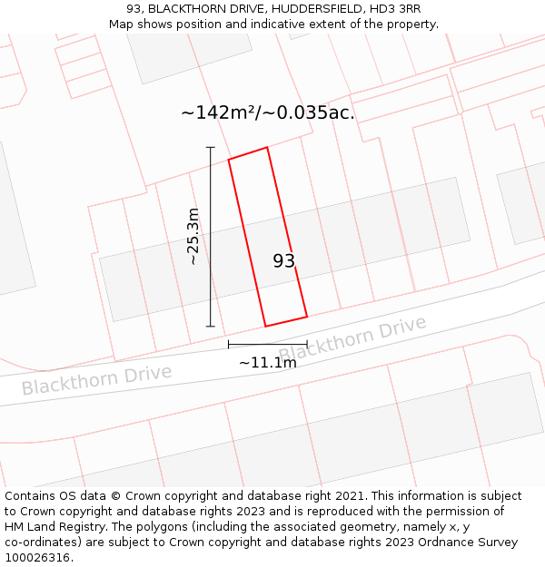 93, BLACKTHORN DRIVE, HUDDERSFIELD, HD3 3RR: Plot and title map