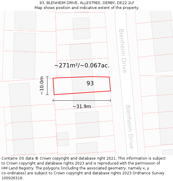 93, BLENHEIM DRIVE, ALLESTREE, DERBY, DE22 2LF: Plot and title map