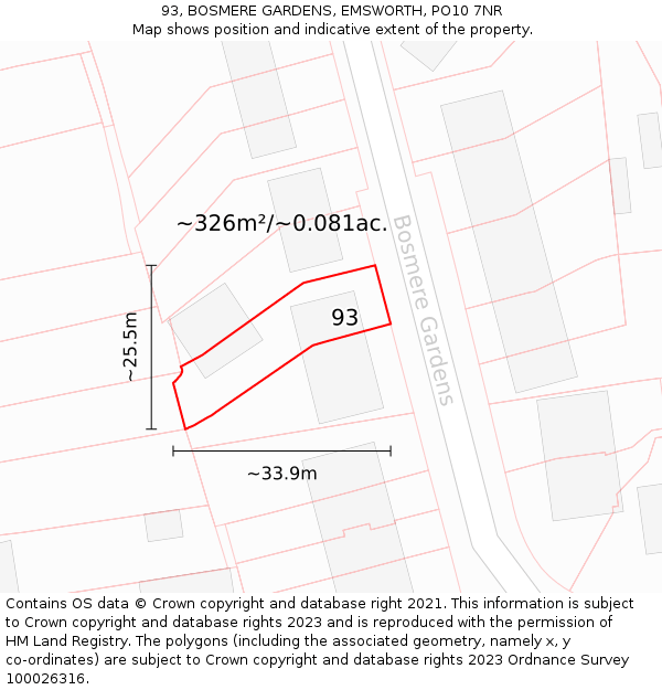 93, BOSMERE GARDENS, EMSWORTH, PO10 7NR: Plot and title map