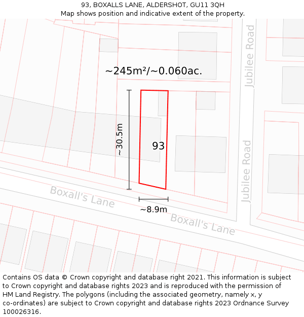 93, BOXALLS LANE, ALDERSHOT, GU11 3QH: Plot and title map