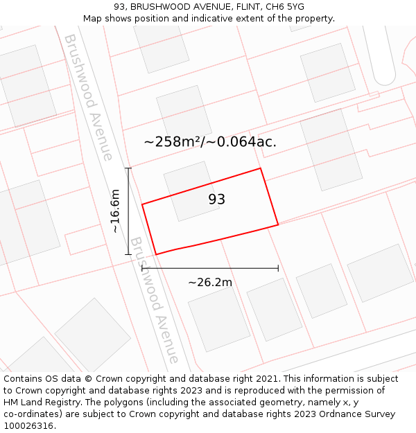 93, BRUSHWOOD AVENUE, FLINT, CH6 5YG: Plot and title map