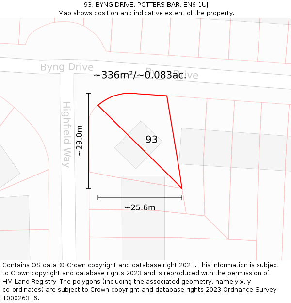 93, BYNG DRIVE, POTTERS BAR, EN6 1UJ: Plot and title map