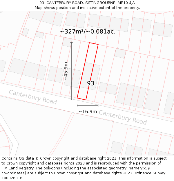 93, CANTERBURY ROAD, SITTINGBOURNE, ME10 4JA: Plot and title map