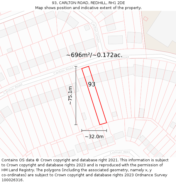 93, CARLTON ROAD, REDHILL, RH1 2DE: Plot and title map