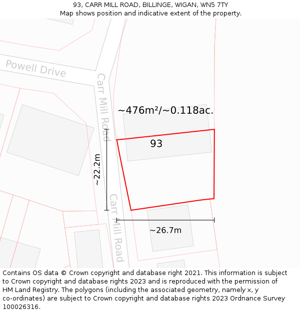 93, CARR MILL ROAD, BILLINGE, WIGAN, WN5 7TY: Plot and title map