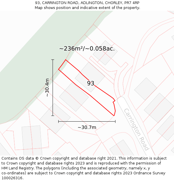 93, CARRINGTON ROAD, ADLINGTON, CHORLEY, PR7 4RP: Plot and title map