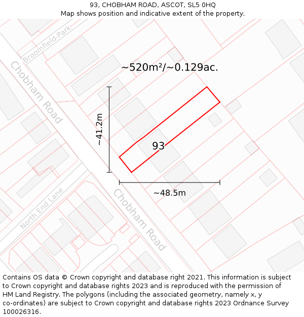 93, CHOBHAM ROAD, ASCOT, SL5 0HQ: Plot and title map