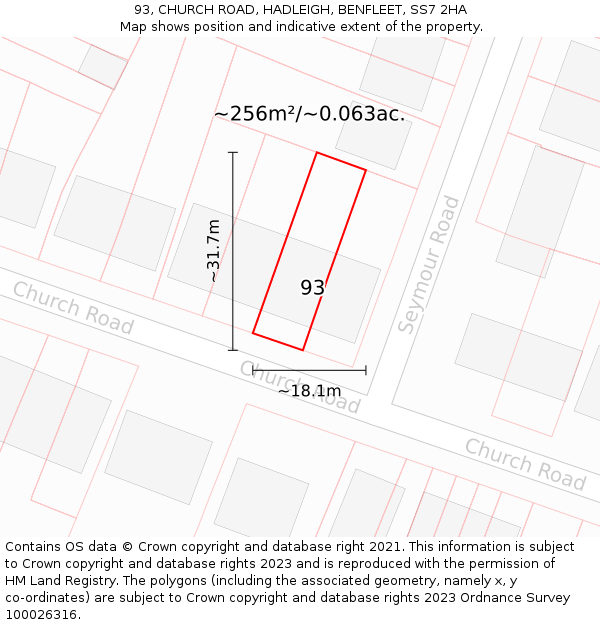 93, CHURCH ROAD, HADLEIGH, BENFLEET, SS7 2HA: Plot and title map