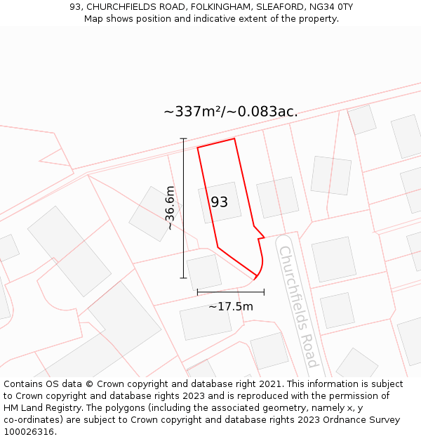 93, CHURCHFIELDS ROAD, FOLKINGHAM, SLEAFORD, NG34 0TY: Plot and title map