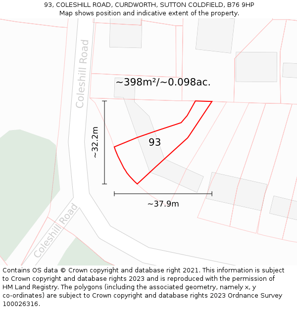 93, COLESHILL ROAD, CURDWORTH, SUTTON COLDFIELD, B76 9HP: Plot and title map