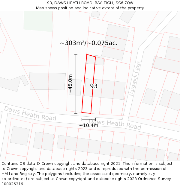 93, DAWS HEATH ROAD, RAYLEIGH, SS6 7QW: Plot and title map