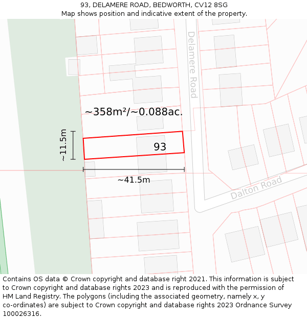 93, DELAMERE ROAD, BEDWORTH, CV12 8SG: Plot and title map