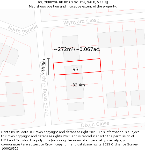 93, DERBYSHIRE ROAD SOUTH, SALE, M33 3JJ: Plot and title map