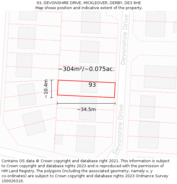 93, DEVONSHIRE DRIVE, MICKLEOVER, DERBY, DE3 9HE: Plot and title map