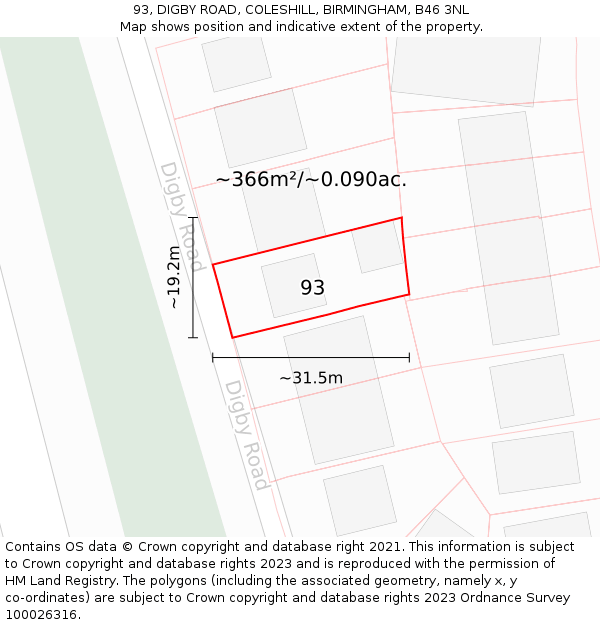 93, DIGBY ROAD, COLESHILL, BIRMINGHAM, B46 3NL: Plot and title map