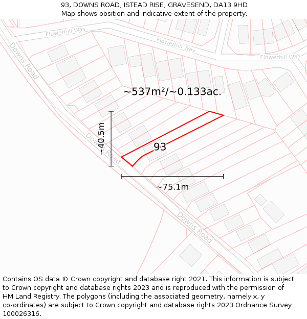 93, DOWNS ROAD, ISTEAD RISE, GRAVESEND, DA13 9HD: Plot and title map